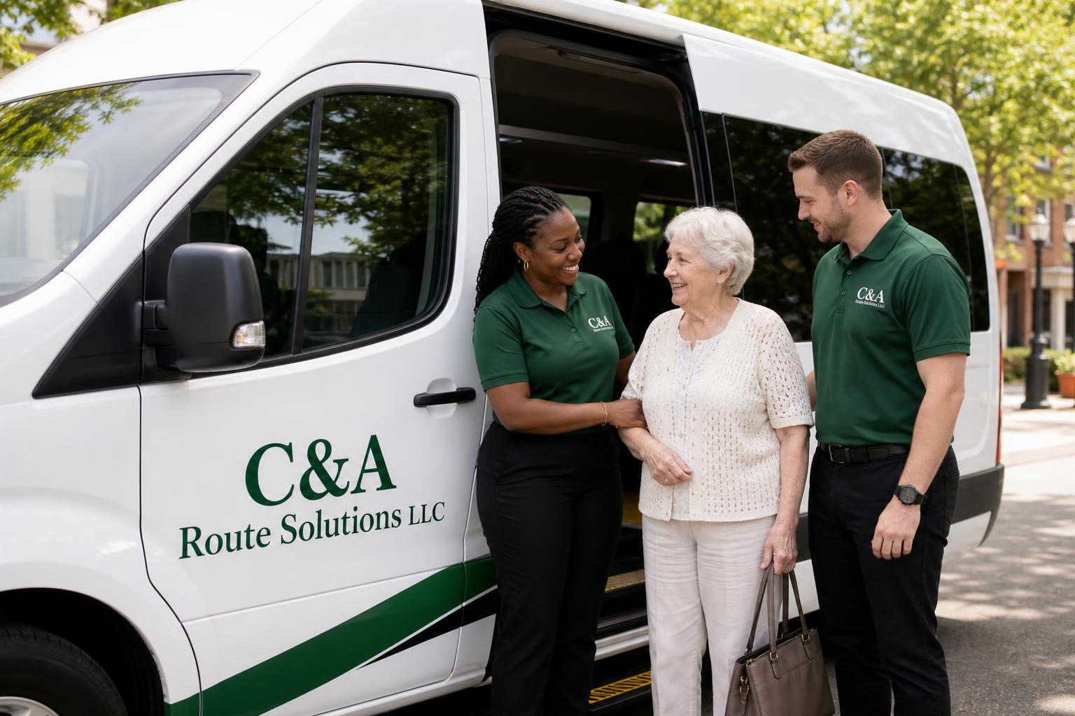 C&A Route Solutions team members in green uniforms assisting a passenger beside a branded C&A Route Solutions LLC transport van