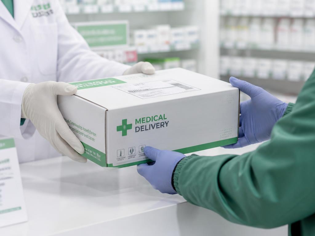 Gloved hands handing over a sealed medical delivery package at a pharmacy counter